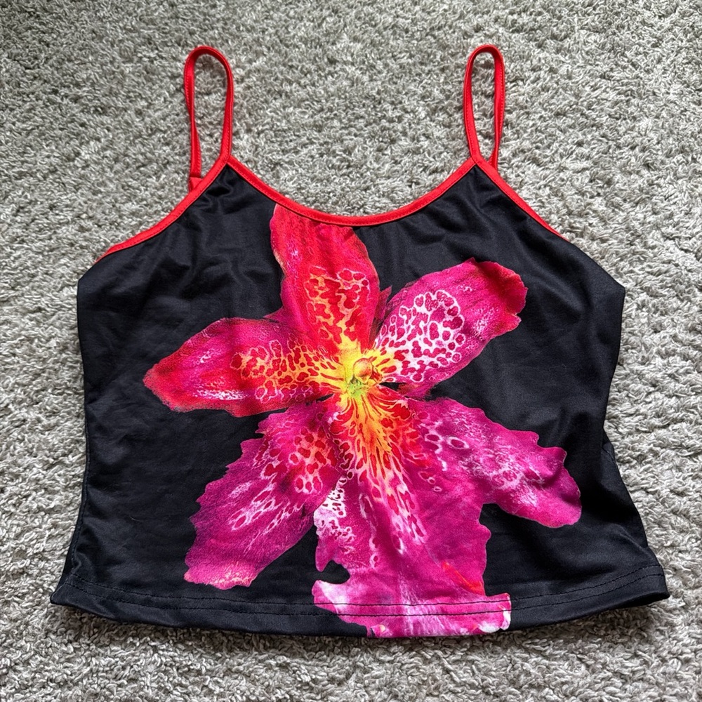 SHEIN Black Camisole with Pink Floral Design